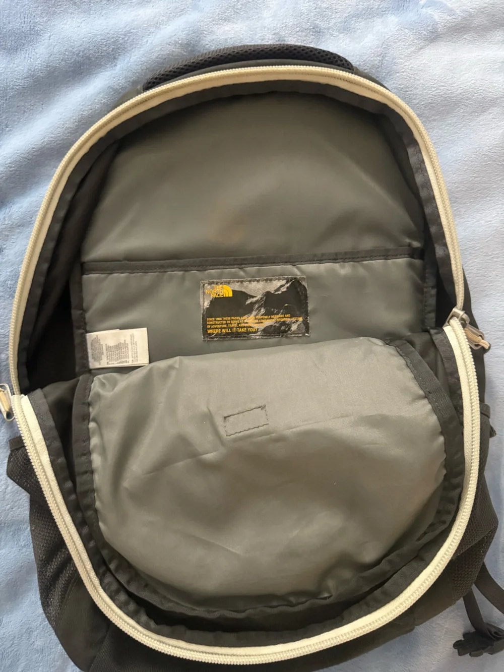 North Face Vault Backpack in Black and Gray with Cream Trim